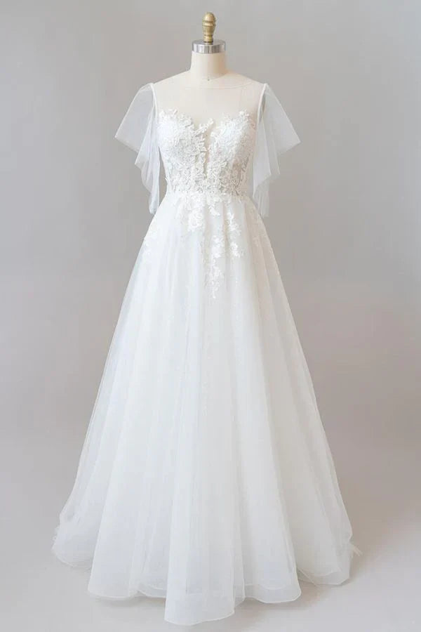 Lace Tulle Short sleeve long A line appliques wedding dress
